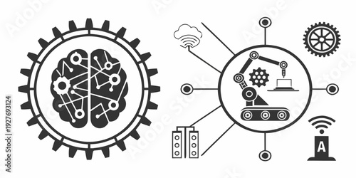 Illustration of a brain gear interacting with a network of gears and digital devices. Vector
