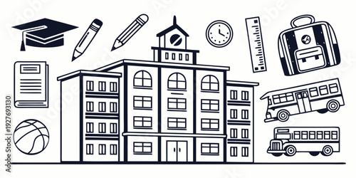 A diverse collection of educational icons representing various subjects and activities Vector