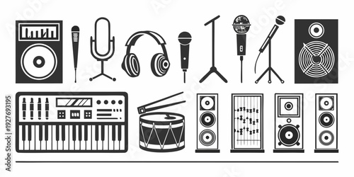 A collection of musical instruments and equipment arranged in a row Vector