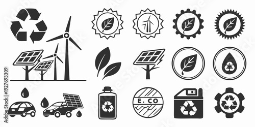 Diverse icons representing various aspects of environmental sustainability and green initiatives Vector