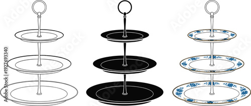 Elegant Three Tier Serving Stand Set in Outline Silhouette and Floral Pattern Vector Illustration Isolated on Background Minimal Gray Studio