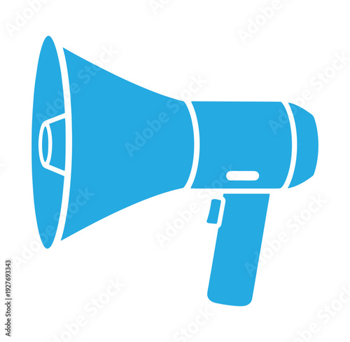 Blue megaphone on white background for communication and announcement purposes