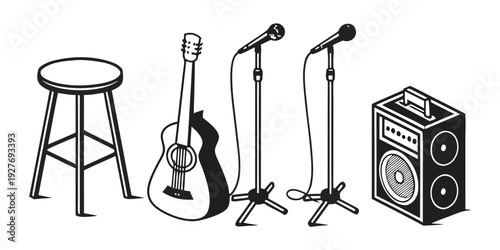 A variety of musical instruments and equipment set up for a performance. Vector