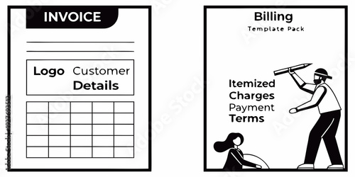 Two people standing in front of a table with a sign that reads invoice. Vector