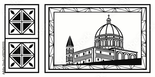 A detailed illustration of a historic building with a dome and intricate architectural elements. Vector