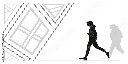 A person walking past a building with large windows and a triangular roof Vector