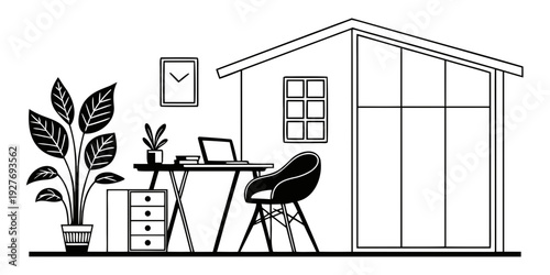 A cozy home office setup with a desk, chair, and potted plant. Vector