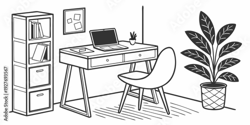 A home office setup with a desk, chair, and potted plant in the corner Vector