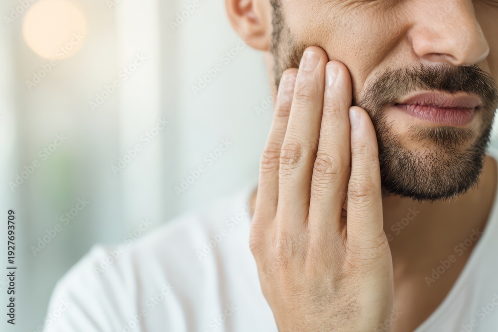 Fototapeta premium Male patient experiencing sharp tooth pain indoors