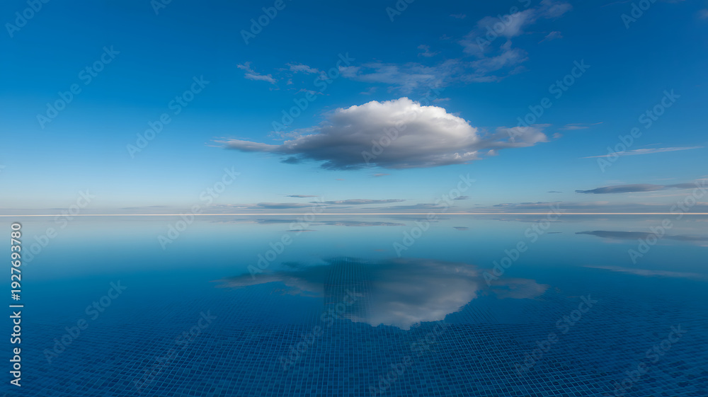 Obraz premium Serene Infinity Pool Reflecting a Single Cloud Under a Vast Blue Sky