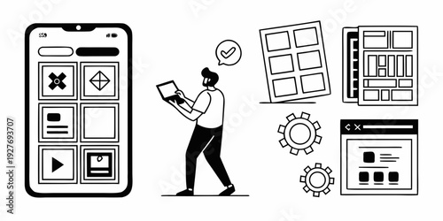 A man interacts with a smartphone displaying various app icons and settings. Vector