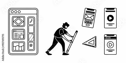 A person analyzing and comparing different mobile phone screens and features Vector