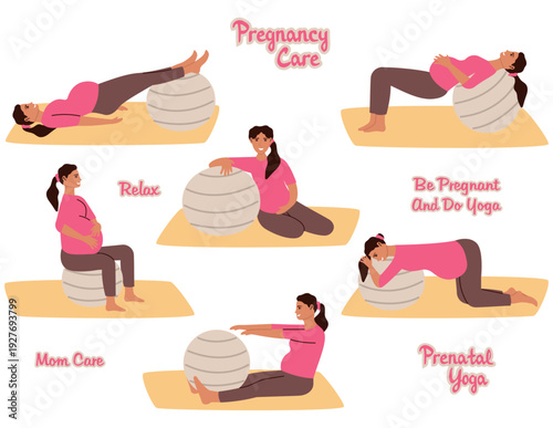 Set of pregnant women doing prenatal yoga exercises with fitness ball. Pregnancy care and healthy lifestyle concept.