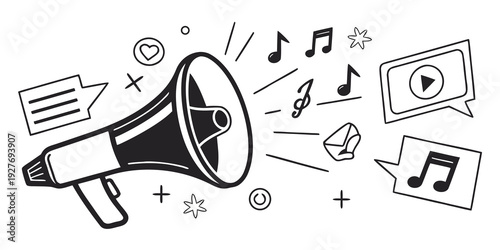 A megaphone surrounded by musical notes and various media icons. Vector