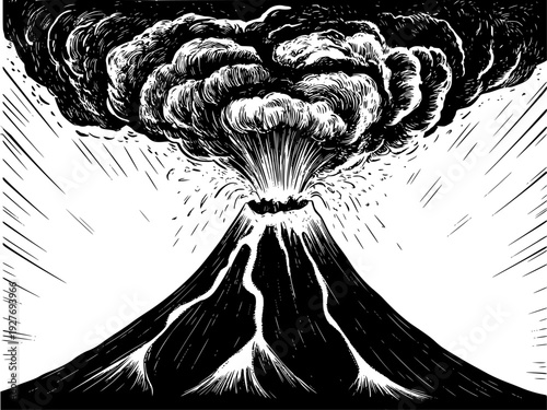 Dramatic black and white of a powerful volcano eruption spewing ash and smoke into the sky