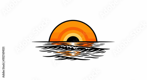 Stylized sunset over rippling water with vibrant orange hues
