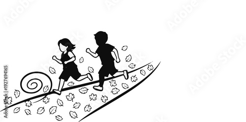 Two children running joyfully amidst falling leaves