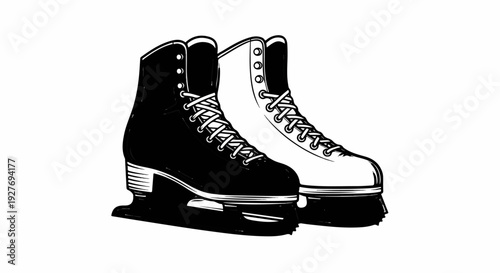 Two ice skates, one black, one white, side by side, with laces