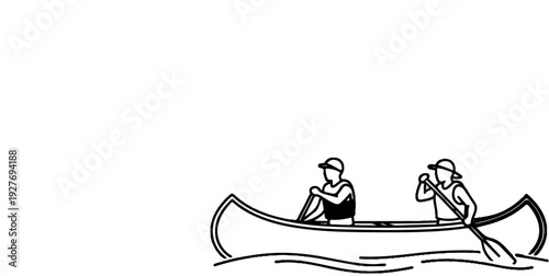 Two people in a canoe paddling across rippling water, black and white sketch