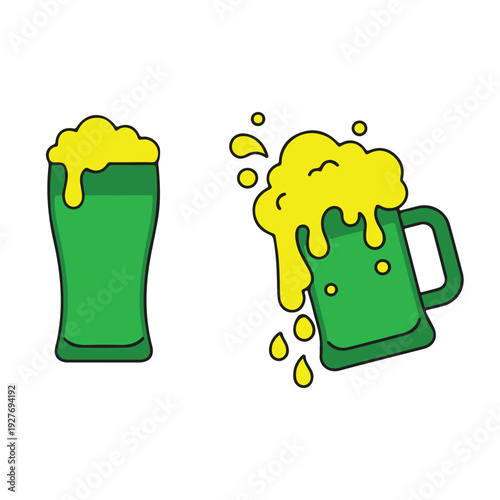 Green Beer Mug with Foamy Head Spilling.