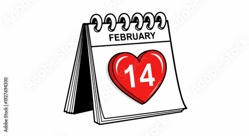 A cartoon calendar page highlights February 14th with a bold red heart