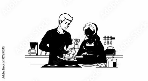 A couple prepares breakfast in a modern kitchen with coffee, pancakes, and toast