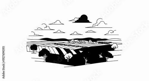 A minimalist black and white scene of a rural farm with rolling hills and clouds