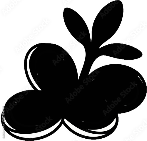 A simple black illustration of a plant with three leaves and a stem