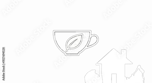 A simple outline of a teacup with a leaf design, next to a house outline