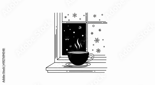 A steamy cup sits on a windowsill, watching snowflakes fall outside