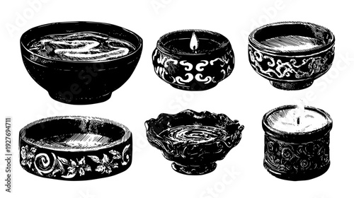 Scrying water bundle showcasing ceramic basins and ink, vector graphic set