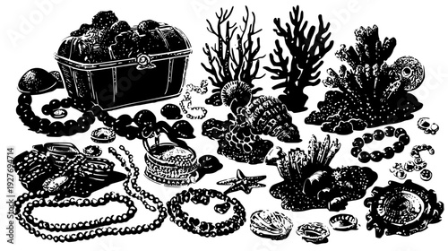 Seabed loot kit including sunken jewelry and barnacles, vector set