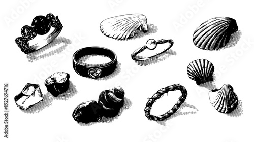 Seaside shell ring collection with beach glass and nautical hemp, vector graphic set