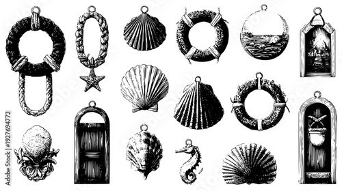Summer door loop assortment with nautical rope and ocean finds, vector set