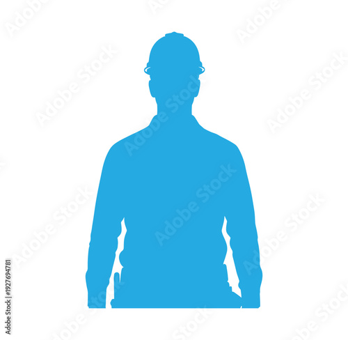 Blue silhouette of a man wearing a hard hat and long sleeved shirt standing alone