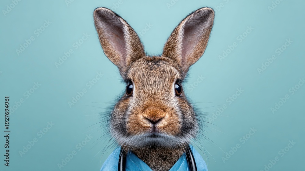 Fototapeta premium A charming rabbit dressed as a doctor with a stethoscope, ready to help