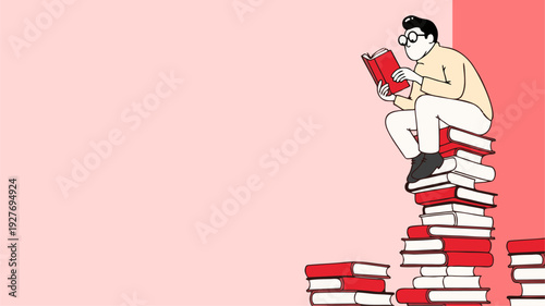 Man Sitting on Stack of Books Reading and Learning, Knowledge Growth Concept, Education, Self Improvement, Study Motivation, Lifelong Learning, Student Studying Illustration