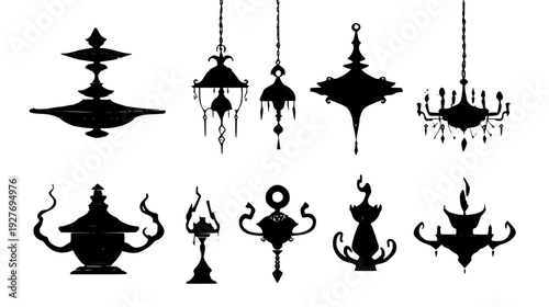 Arcane item family with levitating pieces and sparks, vector illustration set