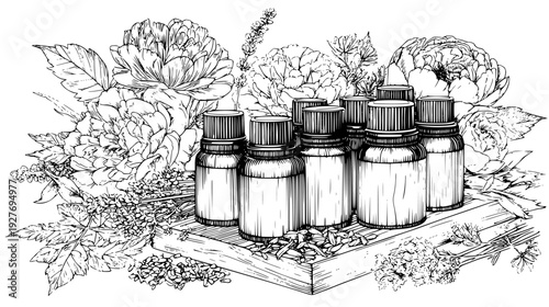 Aromatherapy family with amber bottles and wooden caps, vector graphic set