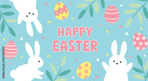 Cheerful flat design vector illustration with cute bunnies and easter eggs on pastel blue for happy easter.