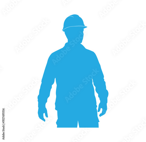 blue silhouette of a man wearing a hard hat standing alone