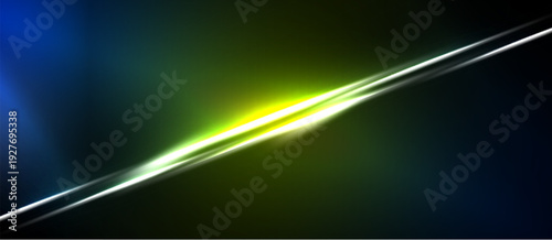 Abstract background features diagonal light streak. Vivid blue, green, yellow hues blend into darkness. Minimalist design creates dynamic visual impact.