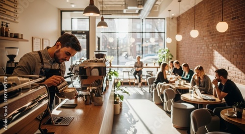 Barista crafting coffee in a bustling cafe, serving customers and creating a warm atmosphere.