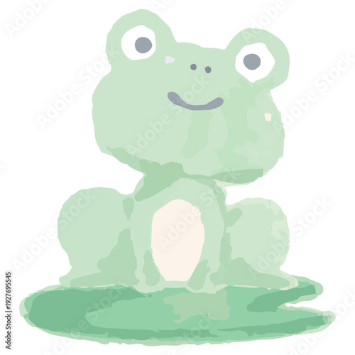 幼稚園・保育園向け 6月のやさしい水彩挿絵イラストシリーズ｜蓮の上に乗るカエル / June Watercolor Frog on Lotus Leaf Illustration