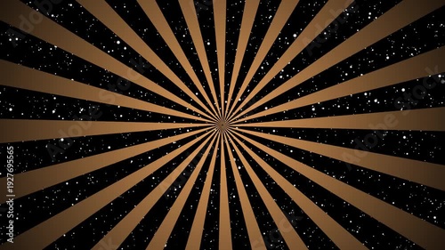 Seamless black and bronze rotating abstract radial Sunburst with stars background loop animation.