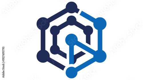 Blue and dark blue geometric interconnected nodes forming a three-dimensional structure