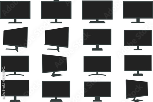 Grid of sixteen computer monitor icons in silhouette style, showing different orientations and designs including curved screens and webcams, isolated on white background.