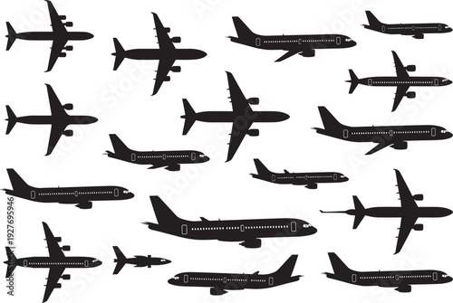 Collection of black airplane silhouette illustrations in various sizes and orientations, including commercial jets and smaller aircraft, ideal for aviation design, education, and graphic resources.