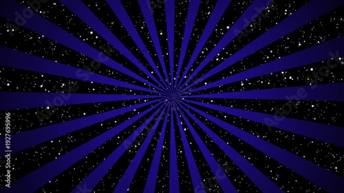 Seamless black and dark blue rotating abstract radial Sunburst with stars background loop animation.