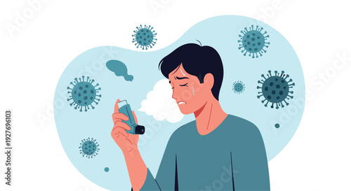 Young man struggles with an asthma attack while holding an inhaler as virus particles float around him in a symbolic medical illustration.